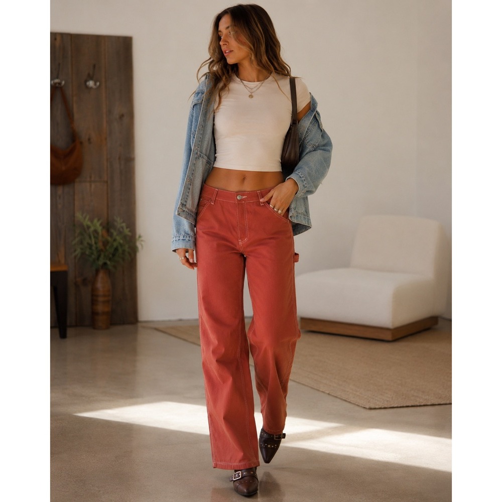 SONG Carpenter Pants Cotton Contrast Stitch Rust Orange Size 5/27 Y2K Utility